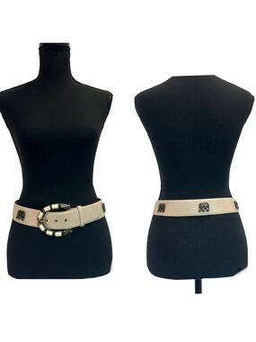 Carlisle Cream Leather Belt Safari Unique Elephant Studs Hammered Buckle Italy S